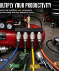 Top Shelf 4 Way Straight Air Manifold Splitter With Quarter Inch Quick Couplers solid aluminum body connected to various tools.
