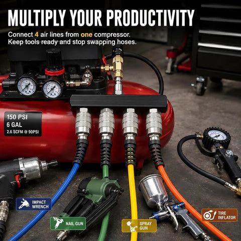 Top Shelf 4 Way Straight Air Manifold Splitter With Quarter Inch Quick Couplers solid aluminum body connected to various tools.