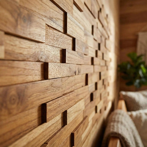 Close-up of EZ-Wall 3D Teak Mosaic Tiles Mesh-Backed Wall Panels Natural Finish DIY Install Set Of 10 Tiles Each 21.5 X 8.25 Inches