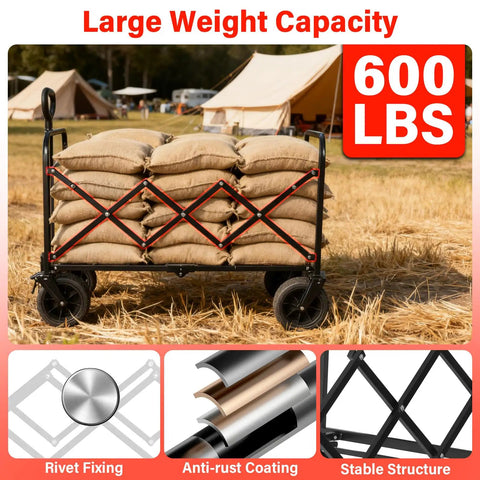Collapsible Wagon Cart Foldable 600Lbs Heavy Duty Utility Wagon filled with sandbags in a camping setting