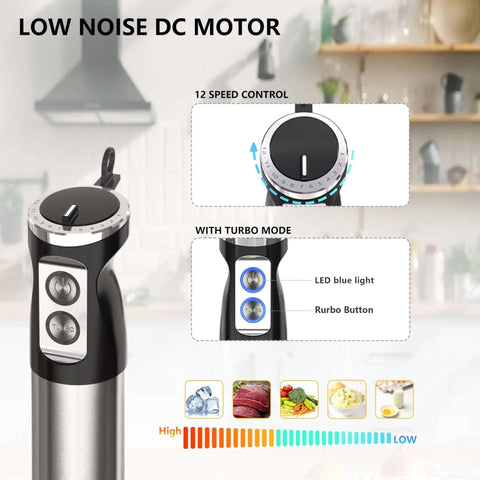 800W 5 In 1 Handheld Blender shows low noise DC motor with 12-speed control and turbo mode for smoothies and purees.