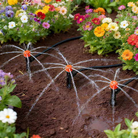 Adjustable Drip Irrigation Emitters Kit With Five Inch Stakes Fifty Pack For Quarter Inch And Four To Seven Millimeter Tubing