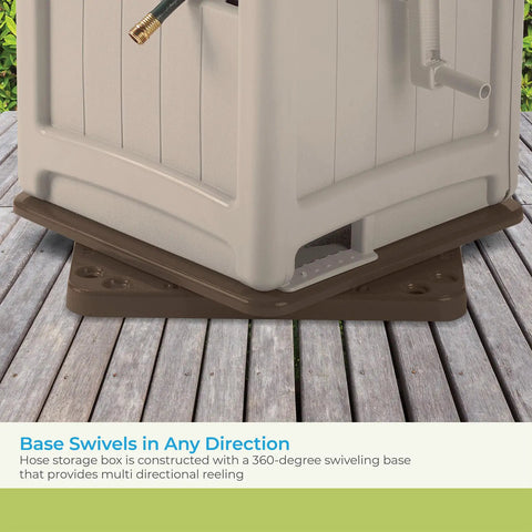 Swivel Hideaway Hose Reel With Crank Handle And Hose Guide 225 Ft Capacity Mocha Taupe Finish showing 360-degree swivel base