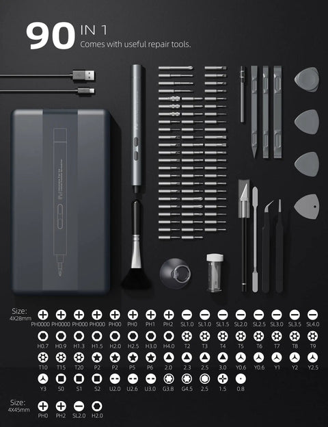 Mini Electric Screwdriver Kit 90 In 1 Precision Repair Set With 64 Magnetic Bits and tools shown.