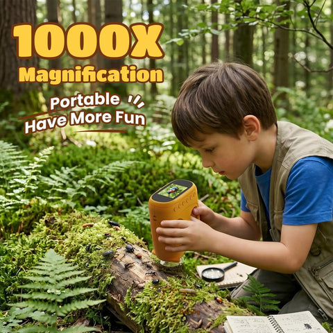 2 In 1 Digital Microscope And Telescope For Kids Portable USB STEM Toy 1000X Magnification And 10X Viewing Ideal Birthday Gift For Boys And Girls Aged 3 8 12 Explore Cells Fibers Rocks And More In a Fun Hands On Discovery Kit. Boy using portable digital microscope outdoors