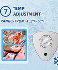 Real Deal 3.5 Cu Ft Compact Chest Freezer With Removable Storage Basket And Smooth Thermostat Dial showing temperature dial and food images.
