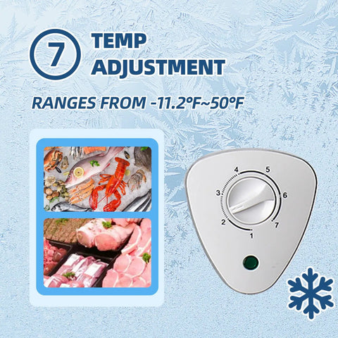 Real Deal 3.5 Cu Ft Compact Chest Freezer With Removable Storage Basket And Smooth Thermostat Dial showing temperature dial and food images.