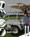 Family with golf cart showcasing Telescopic Golf Ball Retriever Kit With Detachable 3 Piece Retriever Golf Ball Scooper Cleaner Stamp Bag