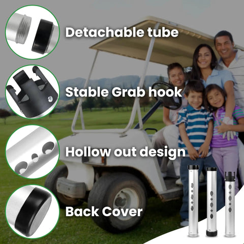 Family with golf cart showcasing Telescopic Golf Ball Retriever Kit With Detachable 3 Piece Retriever Golf Ball Scooper Cleaner Stamp Bag