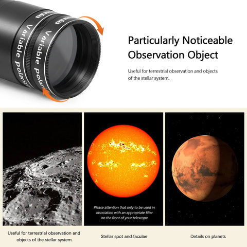 One And A Quarter Inch Variable Grey Polarizing Telescope Filter For Astronomy And Eyepieces Adjustable Light Transmission From One To Forty Percent For Dope Moon And Clear Daylight Viewing, shown with lunar and planetary images.