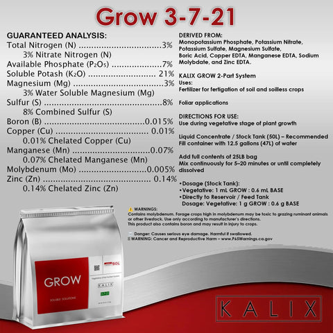 Grow Fertilizer For Hydroponics And Soil Water Soluble Veg Nutrients product packaging with nutrient details and usage instructions