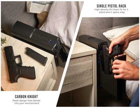 Biometric Nightstand Gun Safe With Quick Access Sliding Door For Pistol Fingerprint And Keypad Entry Slim Vertical Safe in use