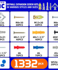 Grab And Go 1332 Piece Drywall Anchors And Screws Kit With 21 Sizes M8 M12 M13 Plastic Expansion Anchors Self Tapping Wood Screws Size 6 To 8 Toggle Wing Bolts J Hooks Eye Hooks Washers Rust Resistant DIY Fasteners, assorted wall anchors