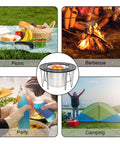 Collage of outdoor settings with Portable Fire Pit Surround Tabletop for Solo Stove Bonfire Ranger Folding Iron Smokeless Round Fire Pit Table With 21 Inch Inner Diameter Safety Features And Extra Space For Outdoor Chill Nights.