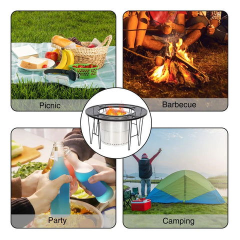 Collage of outdoor settings with Portable Fire Pit Surround Tabletop for Solo Stove Bonfire Ranger Folding Iron Smokeless Round Fire Pit Table With 21 Inch Inner Diameter Safety Features And Extra Space For Outdoor Chill Nights.