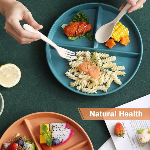 Person using 12 Pack Portion Control Divided Plates For Adults, 9 Inch Unbreakable Dinner Plates, Reusable Diet Plates, BPA Free, Dishwasher Safe.
