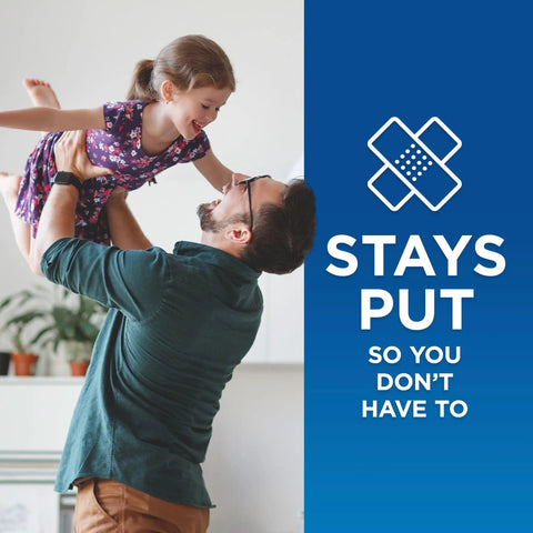 Father playing with daughter, Go To Adhesive Bandages Variety Pack For Minor Cuts Scrapes And Burns shown on blue background.