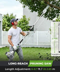 Man using Six In One Beast Of A Gas Powered Weed Wacker Kit With 52cc 2 Stroke Engine to trim high branches in garden