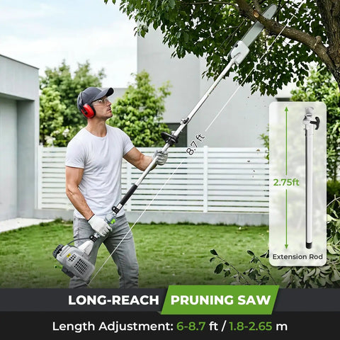 Man using Six In One Beast Of A Gas Powered Weed Wacker Kit With 52cc 2 Stroke Engine to trim high branches in garden