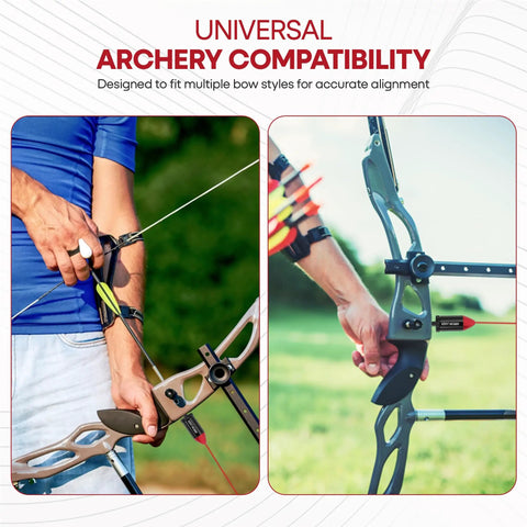 Arrow Laser Sight for Bow and Crossbow, Tactical Archery Red Dot Bore Sight attached to compound bow in outdoor setting.