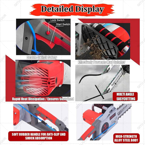 Beast Mode Concrete Chainsaw With Water Feed And Dust Removal, close-up safety switch and anti-slip handle features