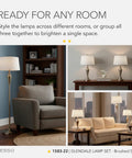 Three Piece Lamp Set With Two Table Lamps And One Floor Lamp In Antique Brass With White Shades For Bedroom, Living Room, Or Home Office