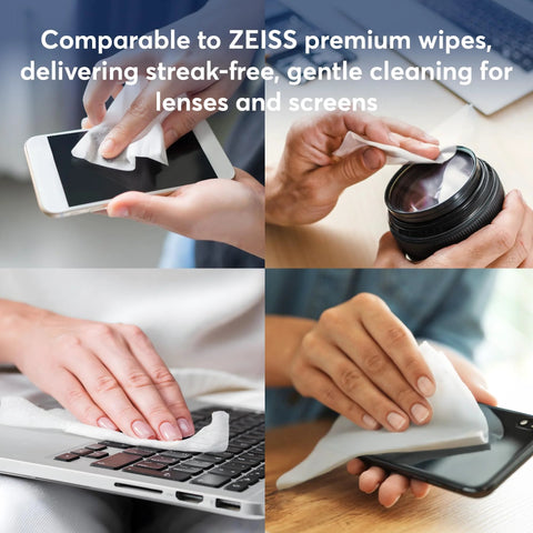 MTBHY Lens Cleaning Wipes collage showing use on smartphone screen, camera lens, laptop keyboard, and tablet screen.