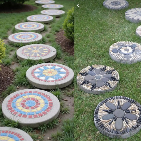 Installed Six Piece Round Stepping Stone Mold Set With Thick Plastic Concrete Molds In 10.63 Inch 11.81 Inch And 12.99 Inch Sizes For DIY Garden Pathway Outdoor Walkway Paving Durable Cement Casting Molds For Easy Release showing colored designs.