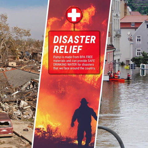 Image showing disaster relief efforts with a focus on using pump made from BPA-free materials for safe water provision.