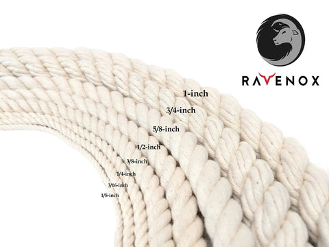 Various sizes of cotton twisted ropes, including 1/2 inch 100 Percent Cotton Twisted Rope White Half Inch By 320 Feet USA Made Natural Cord