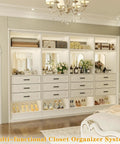 100 Inch White Freestanding Closet System With Smooth Glide Drawers And Full Length Mirrored Panel, showcasing drawers and shelves.