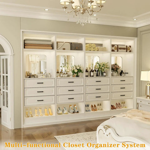 100 Inch White Freestanding Closet System With Smooth Glide Drawers And Full Length Mirrored Panel, showcasing drawers and shelves.