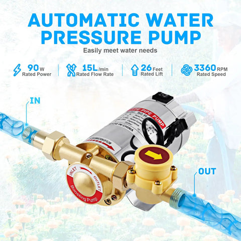 Boss Level Home Water Pressure Booster Pump 110V 90W 243GPH 15 PSI With Auto Flow Switch Brass Head And Impeller