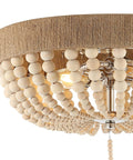 14 Inch Taupe And Polished Nickel Two Light Wood Bead Iron Flush Mount Ceiling Light For Farmhouse Boho Style, UL Listed