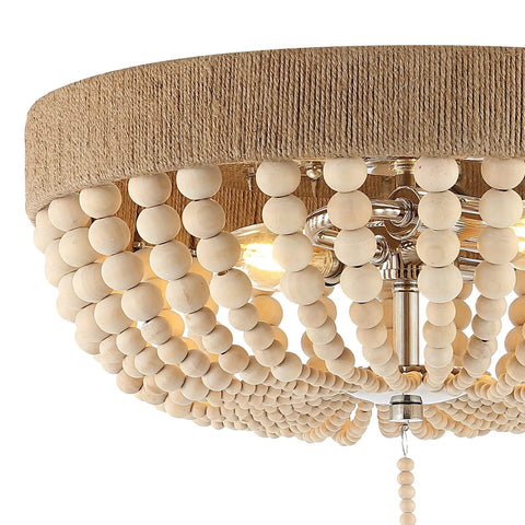 14 Inch Taupe And Polished Nickel Two Light Wood Bead Iron Flush Mount Ceiling Light For Farmhouse Boho Style, UL Listed