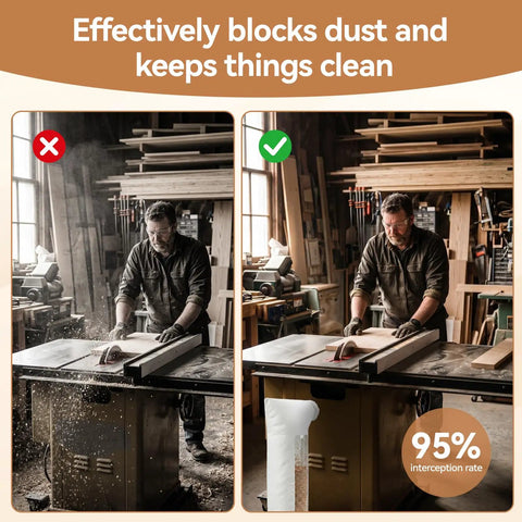 Heavy Duty Table Saw Dust Collector Bag With Clear View Window For 10 Inch Table Saws And 2 Point Five Inch Fittings shown blocking dust effectively.