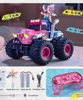 Pink Monster Off Road RC Car For Kids Ages 3 To 12 With 360 Spin Waterproof Amphibious 1 To 18 Scale 4WD All Terrain Toy Truck Lights Sprays Water Fun Gift For Girls on a table with accessories.