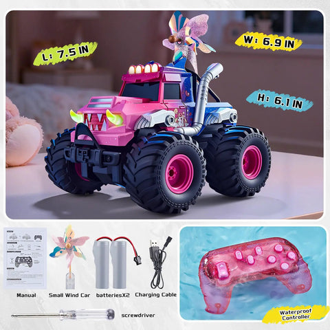 Pink Monster Off Road RC Car For Kids Ages 3 To 12 With 360 Spin Waterproof Amphibious 1 To 18 Scale 4WD All Terrain Toy Truck Lights Sprays Water Fun Gift For Girls on a table with accessories.