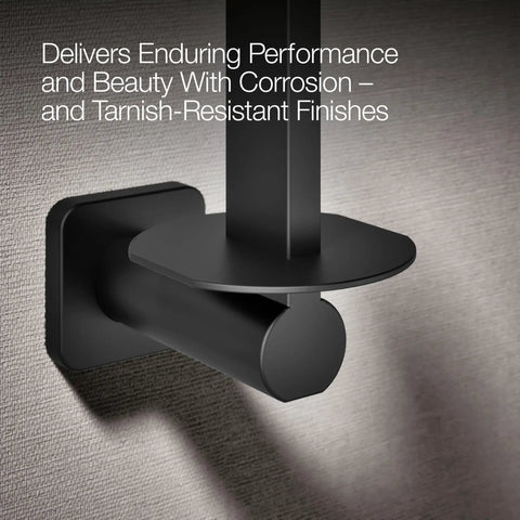 Close-up of matte black Parallel Vertical Toilet Paper Holder For Easy Access And Clean Lines mounted on a textured wall.