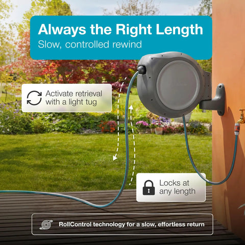 Auto Retracting Garden Hose Reel With 100 Feet Of Flexible Hose, 180 Degree Swivel Wall Mount installed on wall