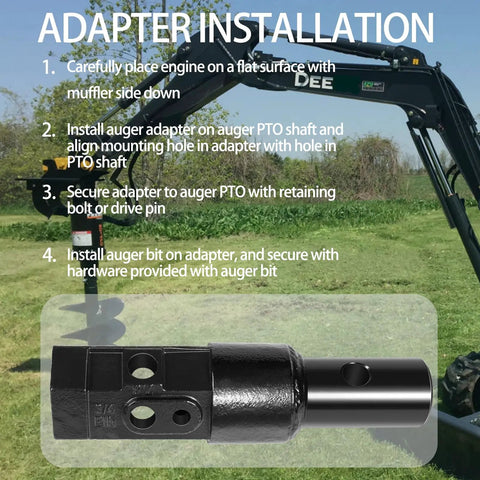 Heavy Duty 2 Inch Hex To 2 9 16th Inch Round Auger Adapter for Skid Steer and Tractor with installation guide in background
