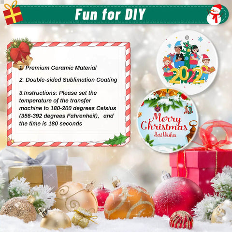 Great Value Set Of 26 Round Ceramic Sublimation Ornament Blanks 2.87 Inch with DIY design examples and gold string lanyards.