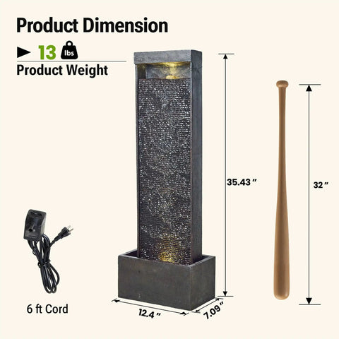 35 Inch Outdoor Water Fountain With Modern Curved Faux Slate Resin Waterfall And 2 Warm LED Lights For Garden Patio Yard Deck Porch Balcony Decor Home Art Water Feature In Black Keeps Your Outdoor Vibe On Point, showing dimensions and 6 ft cord