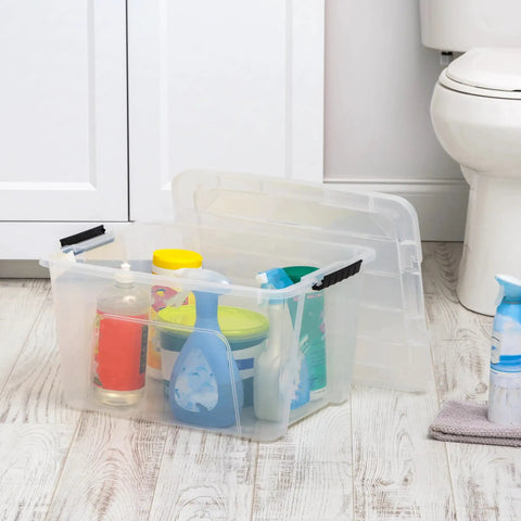 32 Qt BPA-Free Plastic Storage Bin With Lid, Stackable Tote For Pantry, Home, Closet And Office Organization, Airtight Clear Container With Durable Design And Locking Latches, Easy See Through Storage visible with cleaning supplies inside