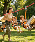 Kids on zip line in backyard with adult supervising, part of Kids Zip Line With Tree Protector For Backyard Fun Safe 250 Lbs Capacity Tool Free Assembly Outdoor Slack Line Play Set For Teens Boys And Girls Perfect For Yard Park Beach Camp School.