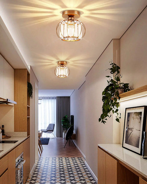 Two Pack Gold Semi Flush Mount Ceiling Lights With E26 Socket Crystal Chandeliers highlight modern hallway design