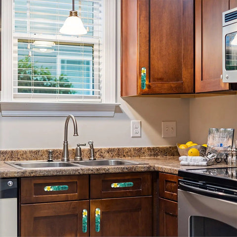 Kitchen with Coastal Cabinet Pulls Set Of Four 3-3/4 Inch Center To Center Drawer Handles White Base With Ocean Themed Design