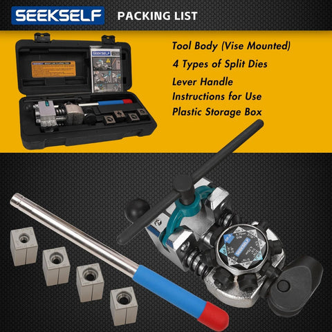 Front view of SEEKSELF brake line flaring tool kit in open case with blue-handle tool and dies