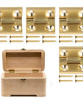 Mini Solid Brass Hinges With Screws Set For Wooden Boxes And Jewelry Cases, Tough Small Box Hinges For Crafts And DIY Projects, Decorative 0.75 By 0.49 Inches, 4 Pieces shown with open wooden box.