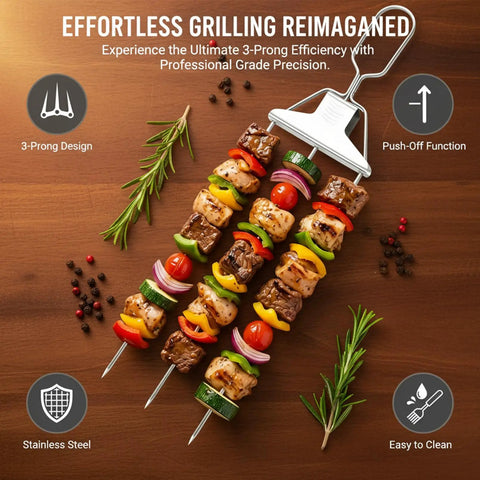 Three Prong Stainless Steel Grilling Skewers With Push Off Slider 14.7 Inch Reusable Metal Kabob Skewers Two Pack With Storage Bag